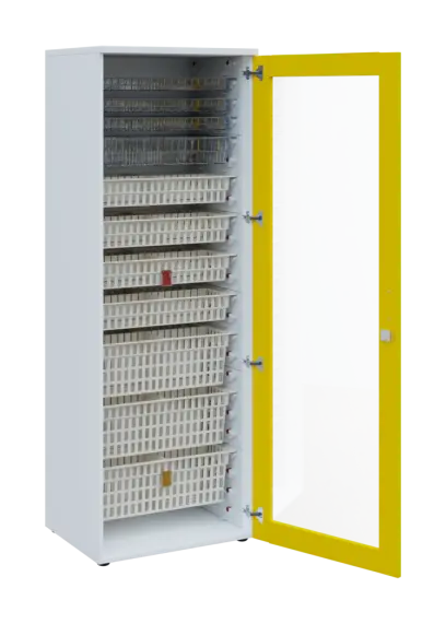 EUROMEDICA S - 66 skříň léková boxová, 1-dveřová/prosklená, pravá, 1950x660x535, korpus bílý, dvířka žlutá odio